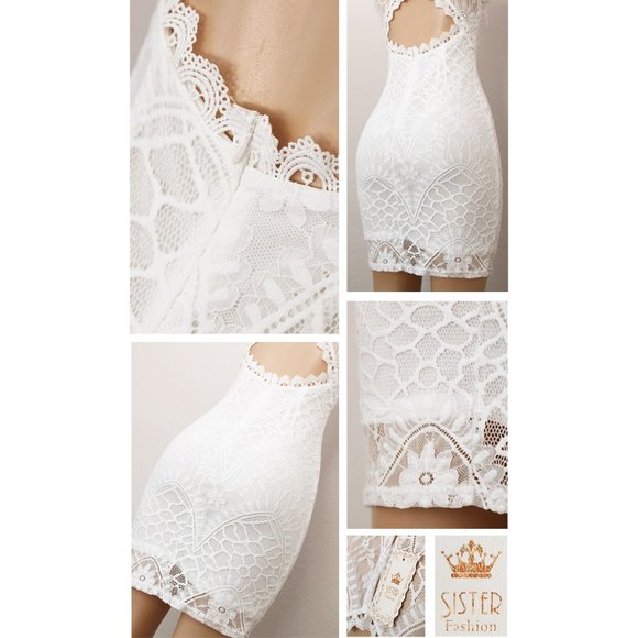White Romantic Lace Cutout Back Cute Bodycon Dress - Picture 6 of 8